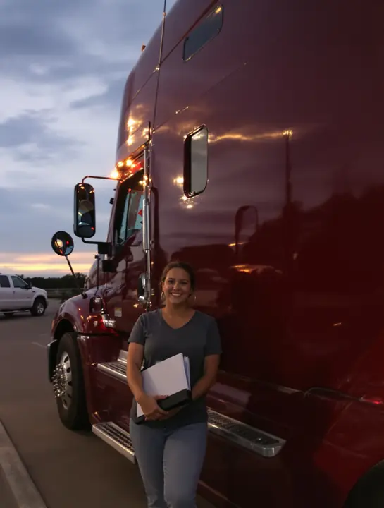 New driver by her truck after her first week on the job