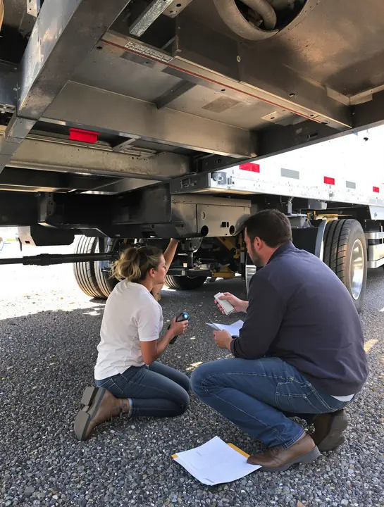Student checks a brake chamber during a pre trip inspection