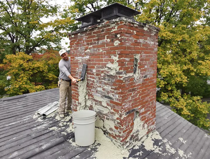Mason repointing an old brick chimney in Manchester