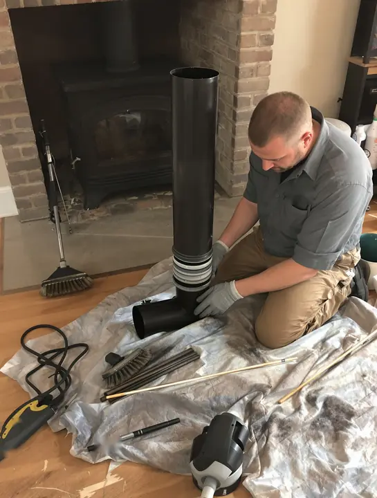 Tech taking apart black stove pipe on a drop cloth