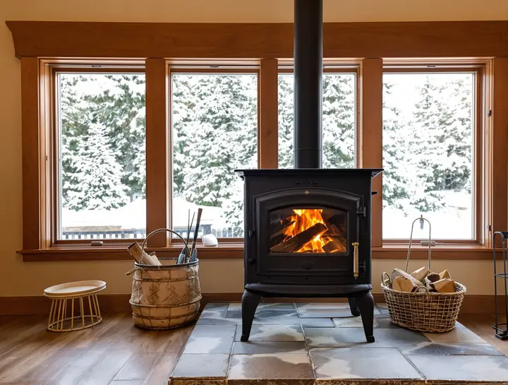 Cast iron wood stove with a clean glass door and a fire burning in a Bend living room