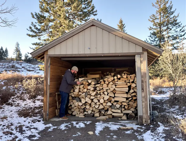 Homeowner stacking split pine and juniper under a wood shed in the snow