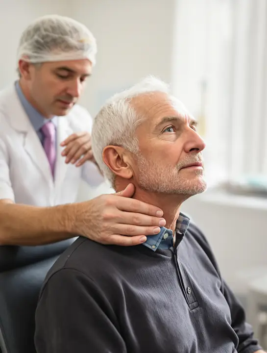 Chiropractor gently checking the neck muscles of an older man