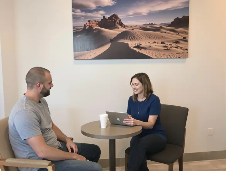Claims coordinator going over paperwork on a tablet with a patient