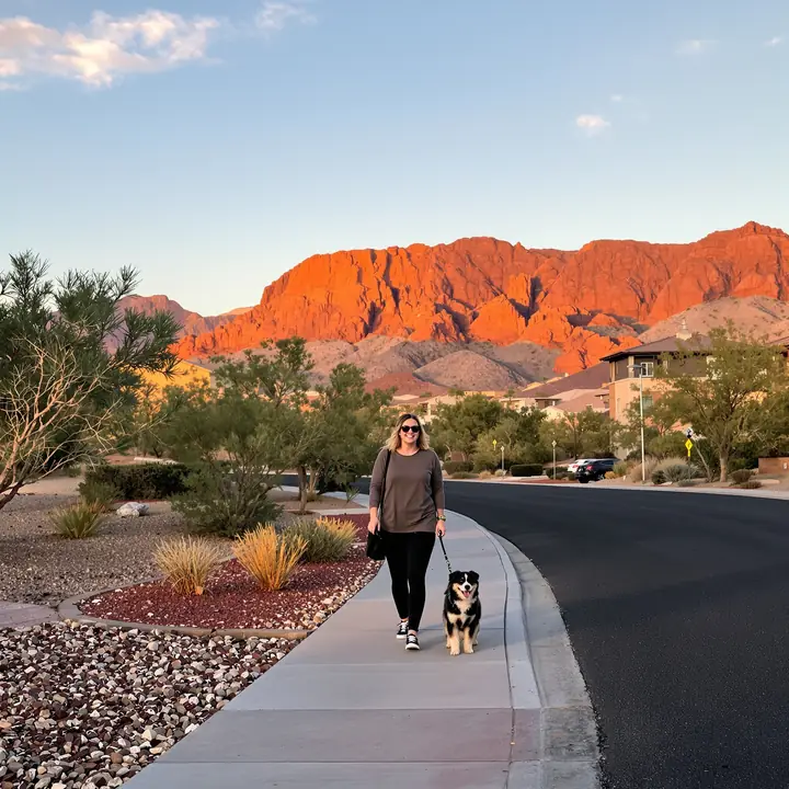 Woman walking her dog at sunset in a Summerlin neighborhood
