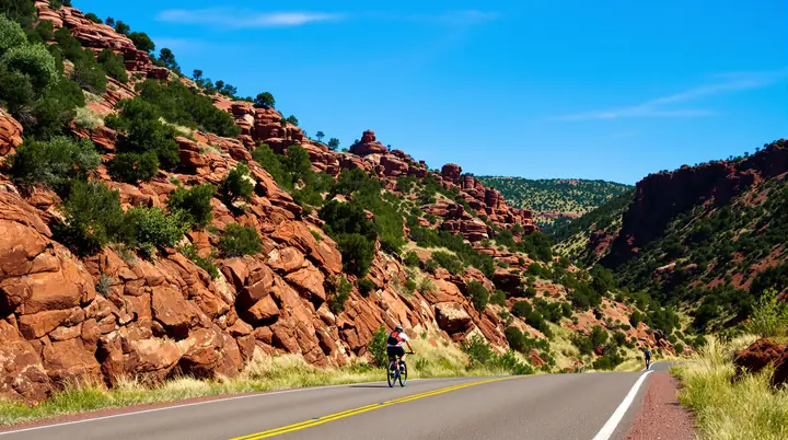 Cyclist climbing a canyon road