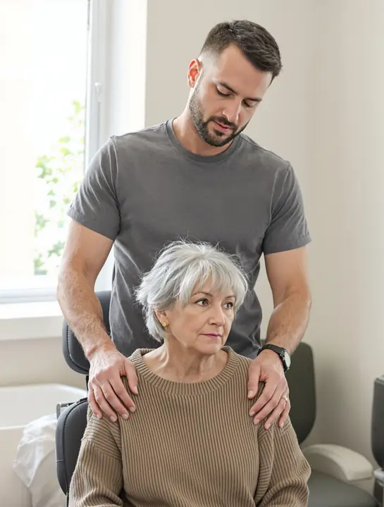 Chiropractor checking how far a woman can turn her head