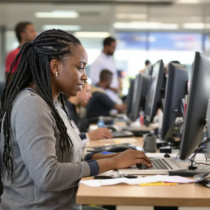 A software engineer at her desk in a central New Jersey office park