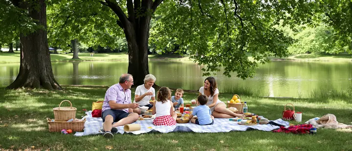 A family picnic under maple trees in a New Jersey town park