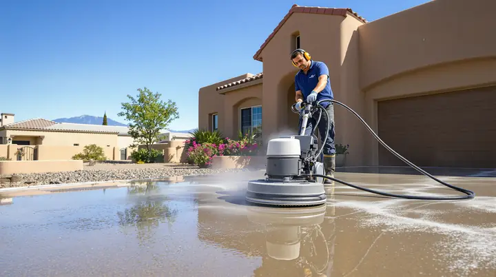 Pressure washing a driveway under the Sandia Mountains