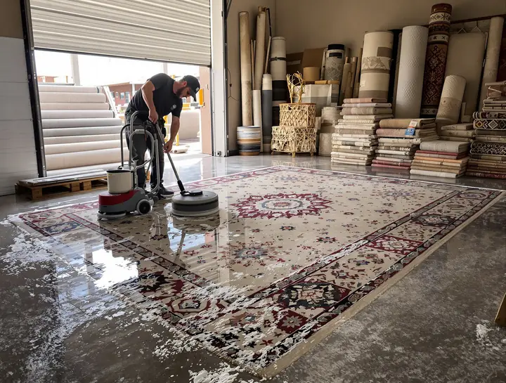 Washing a wool rug at the shop on San Mateo