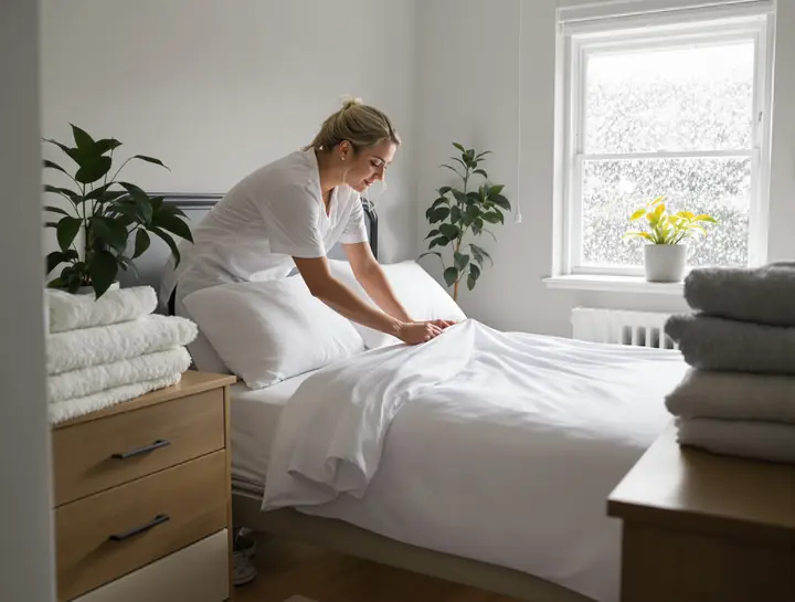 Fresh sheets on a bed in a Capitol Hill apartment