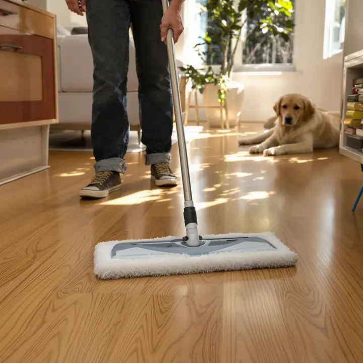 Mopping an oak floor while the family dog watches