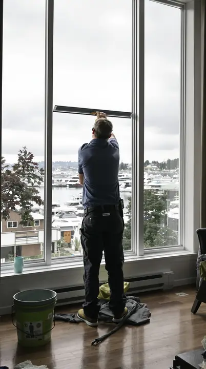 Squeegee on a big window over Lake Union