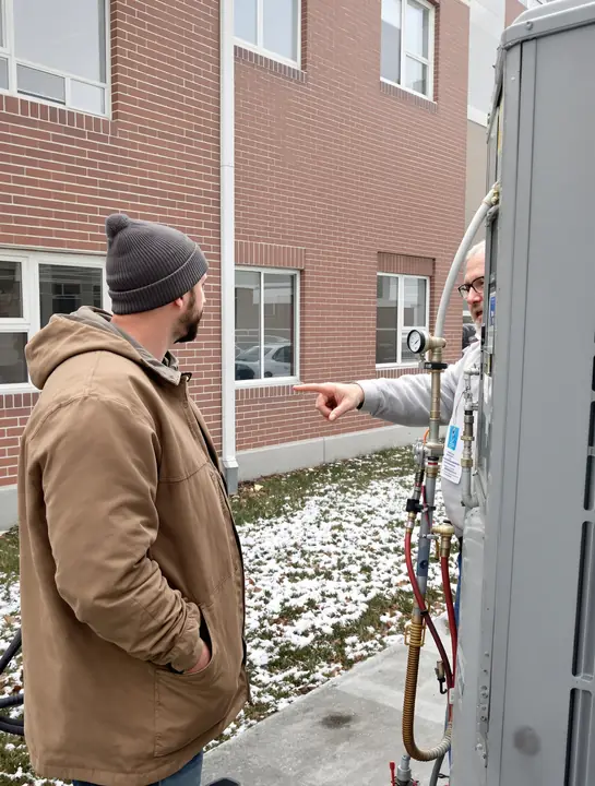 HVAC student reads refrigerant gauges on the training pad
