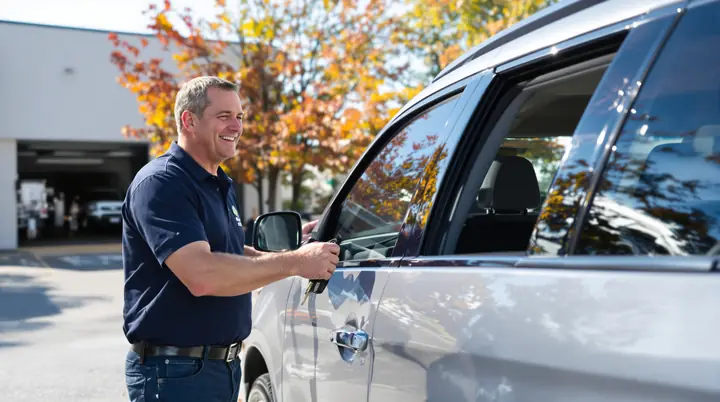 Advisor handing keys to the owner next to his repaired silver SUV