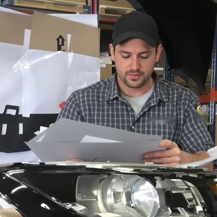 Parts manager checking a new headlight against the repair order
