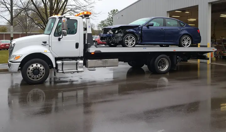 Flatbed unloading a front end damaged blue sedan at the shop in the rain