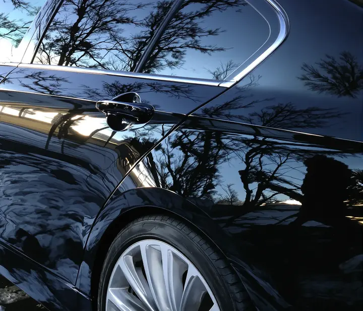 Finished gloss black sedan reflecting pine trees at pickup