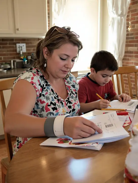 A poultry plant worker with a wrist brace at her kitchen table with her son