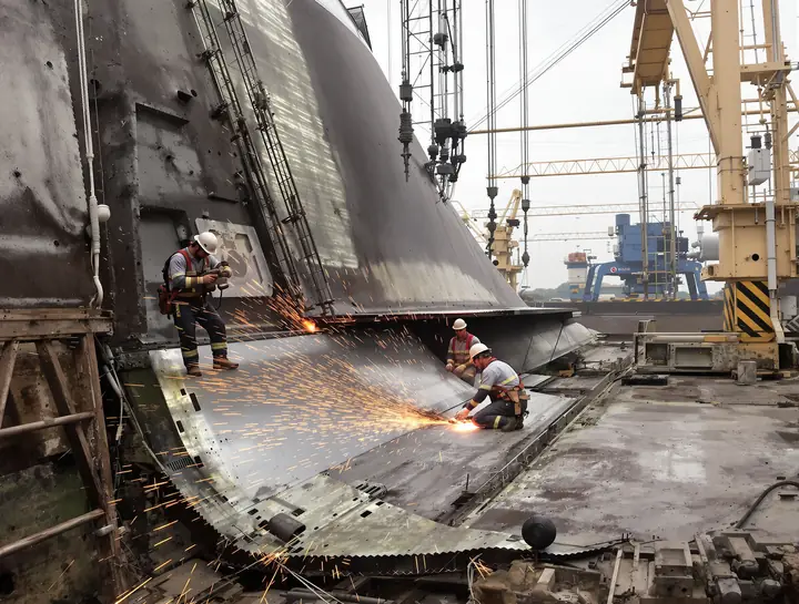 Shipbuilders grinding a hull seam at a yard on the Pascagoula River