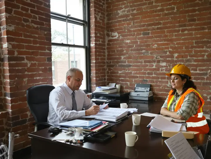 Lawyer reading medical papers with a warehouse worker at a desk in a brick walled office
