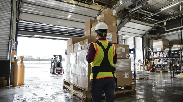 Warehouse worker in a back belt stacking boxes on a pallet at a loading dock