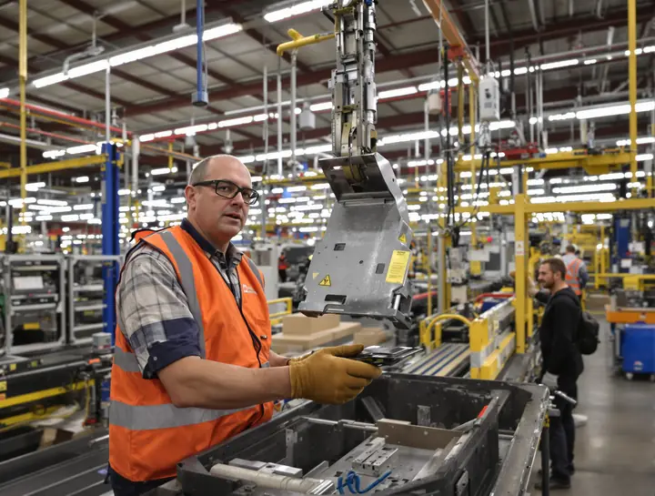 Line worker lifting a steel bracket onto a conveyor in a Michigan auto parts plant