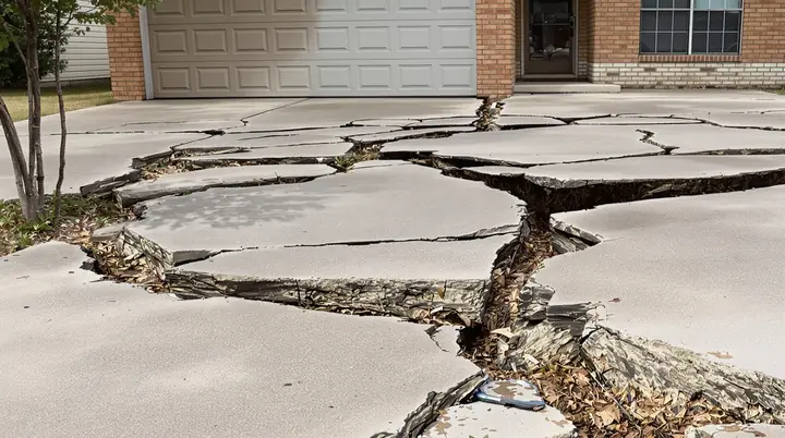 Old heaved and cracked driveway in Slaton before tear out