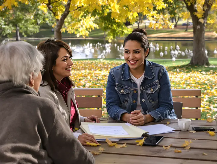 Joy with a retired client at a picnic table in a Reno park in the fall