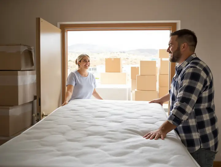 A young couple carrying a mattress into their new Reno apartment