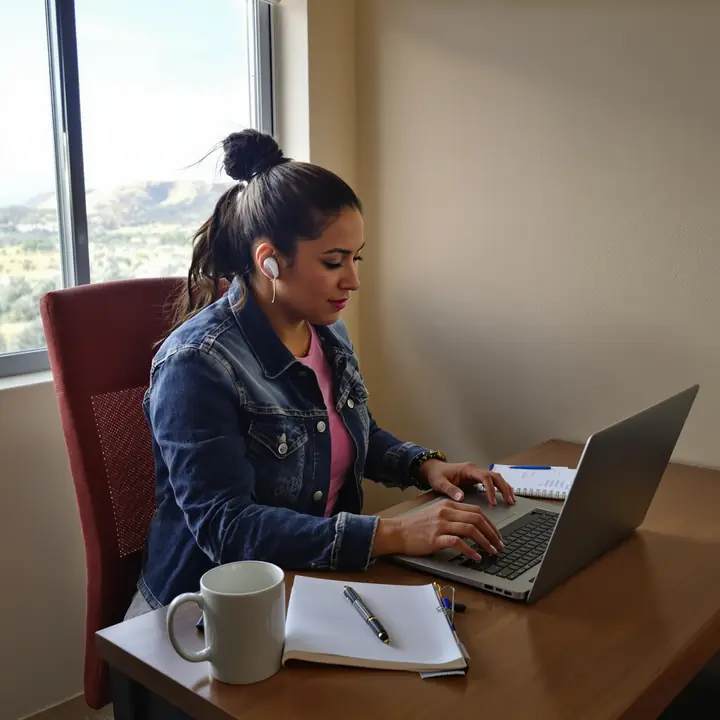 Joy on a video call from her home office