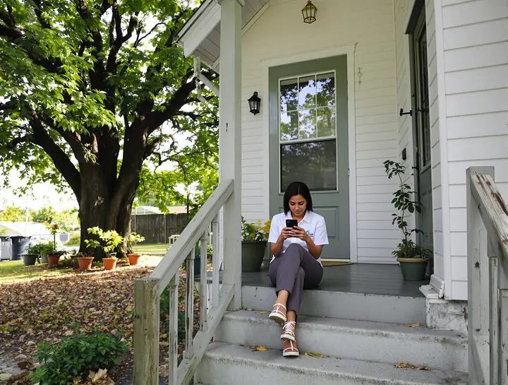 Client paying a card bill on her phone from her front steps in Shreveport