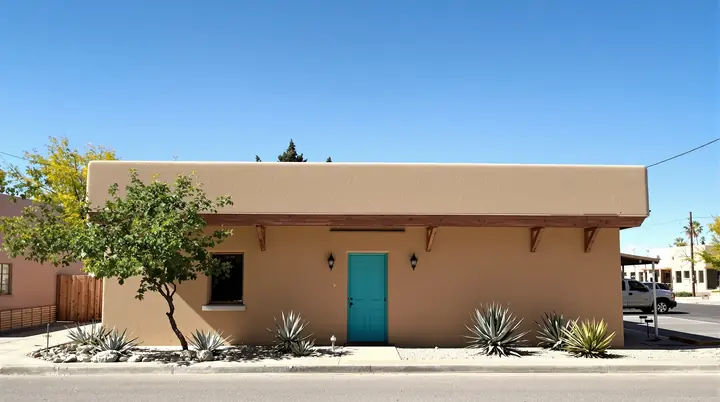 Our small stucco office with a turquoise door on Lohman Avenue