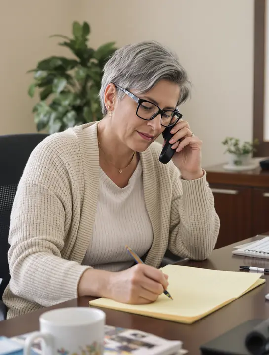 Counselor on the phone with a card company, taking notes on a legal pad