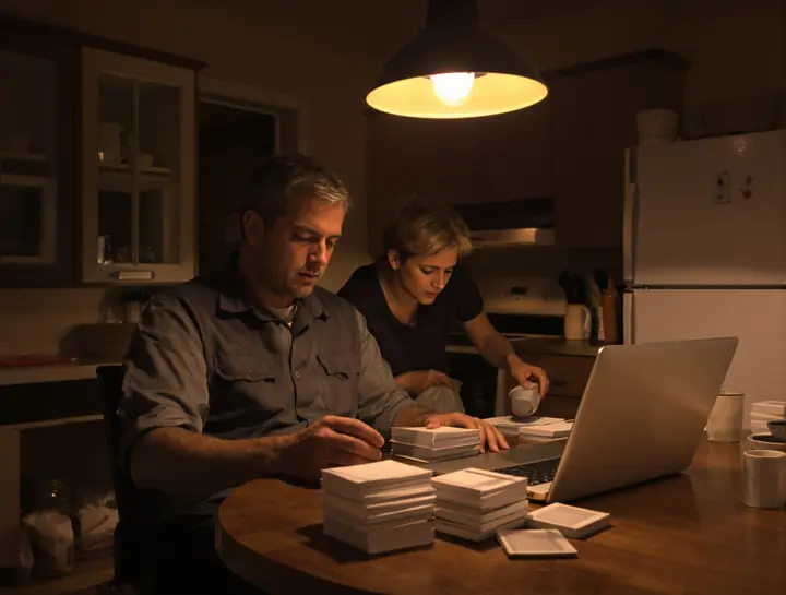A couple sorting bills into piles at their kitchen table in west Wichita