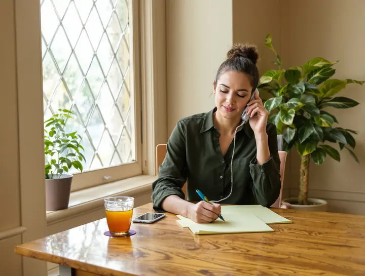 Tasha Batson on a call with a creditor, taking notes on a yellow pad