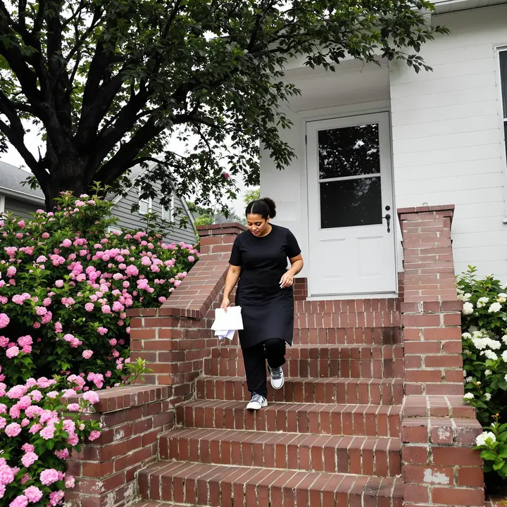 A restaurant server walking up the brick steps of her midtown cottage with the mail