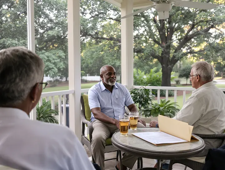 Ray Batson going over a folder with a retired couple on their screened porch