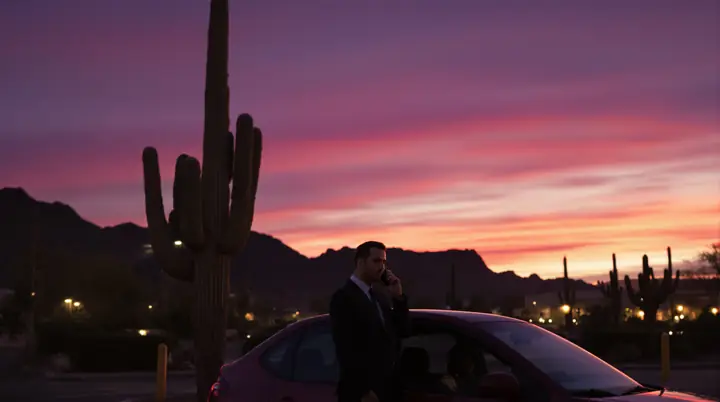 Attorney taking a call at dusk with saguaros and mountains behind