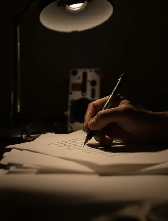 Reading a police report under a desk lamp