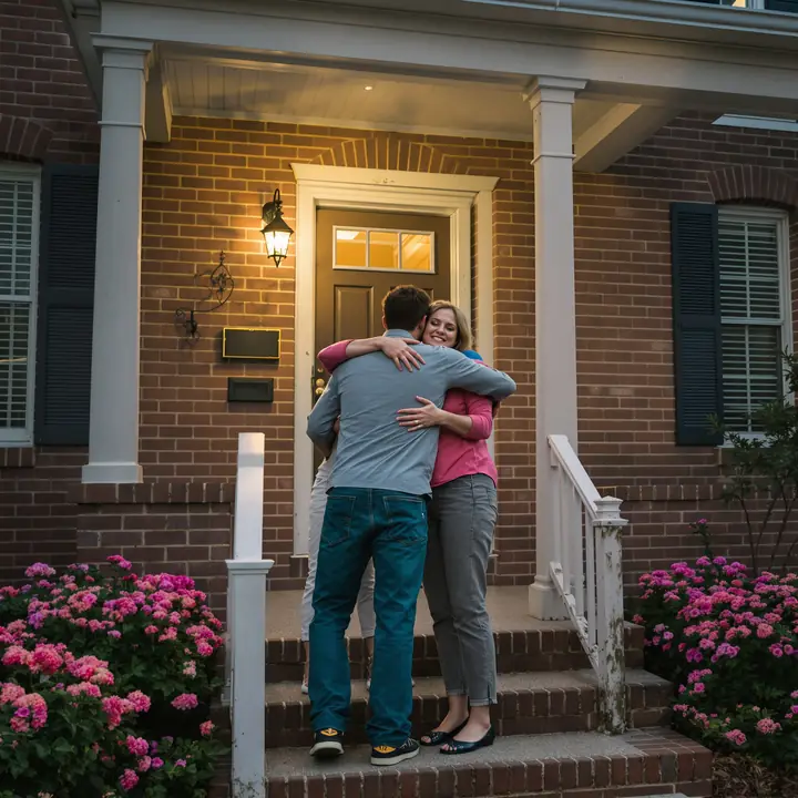 A family hugging on the front porch after their son came home