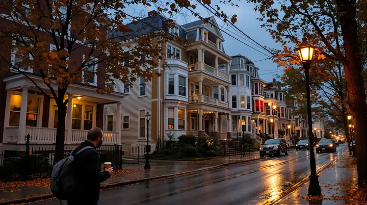 A student walking past triple deckers to the bus on a rainy evening