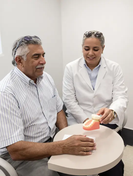 Dentist showing a patient a full jaw model