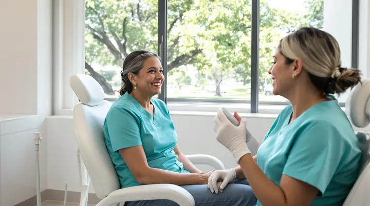 Dentist talking a patient through a bridge plan in the exam chair