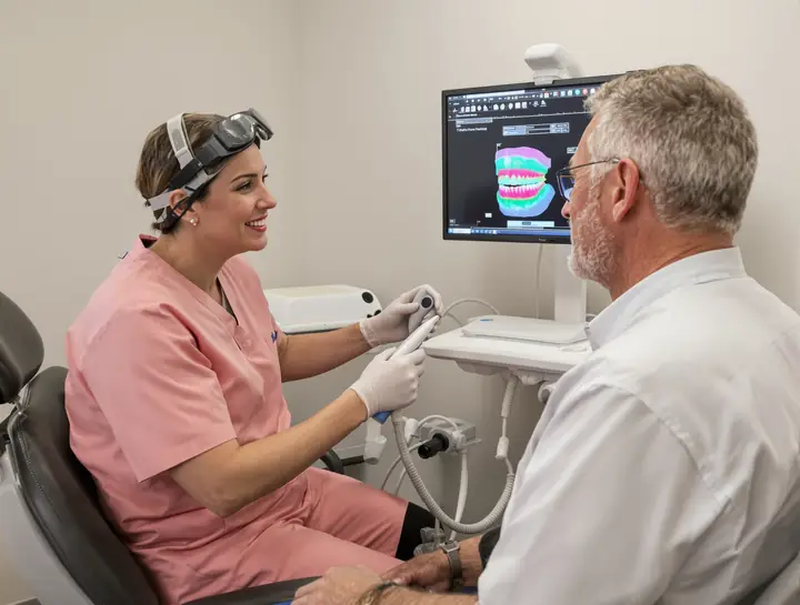 Assistant showing a patient the bone on his 3D scan