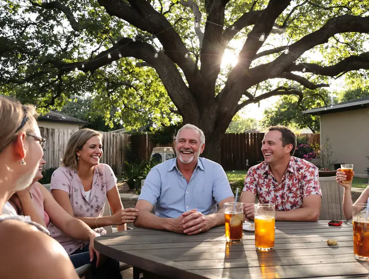 Man laughing with friends on a backyard patio under a live oak
