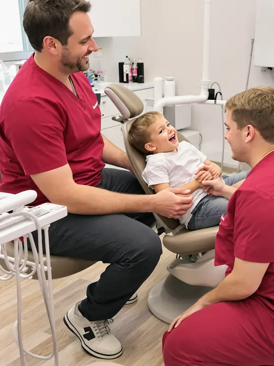 Two team members in red scrubs making a young boy laugh in the dental chair