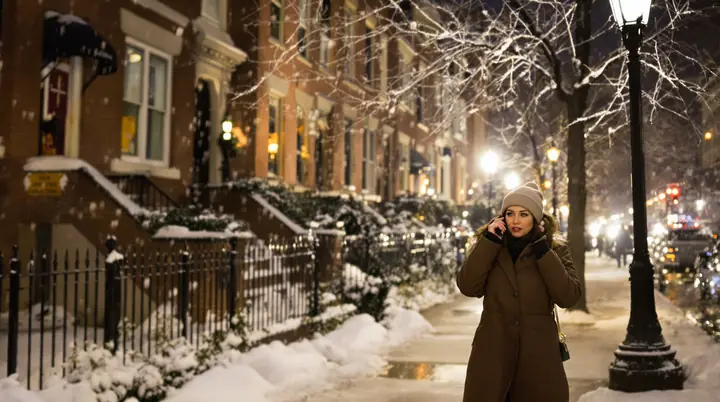 Woman on the phone walking down a snowy Chicago street at night