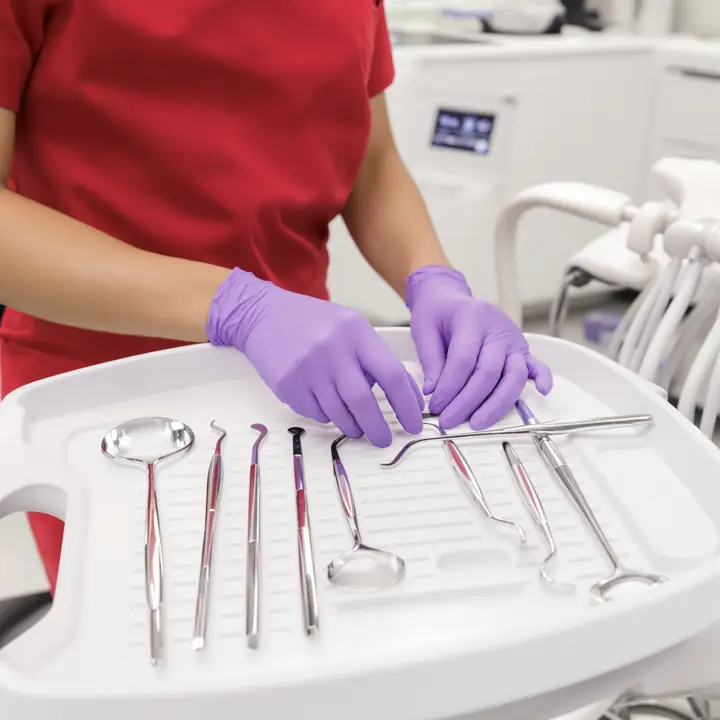 Assistant in red scrubs laying out clean instruments on a tray
